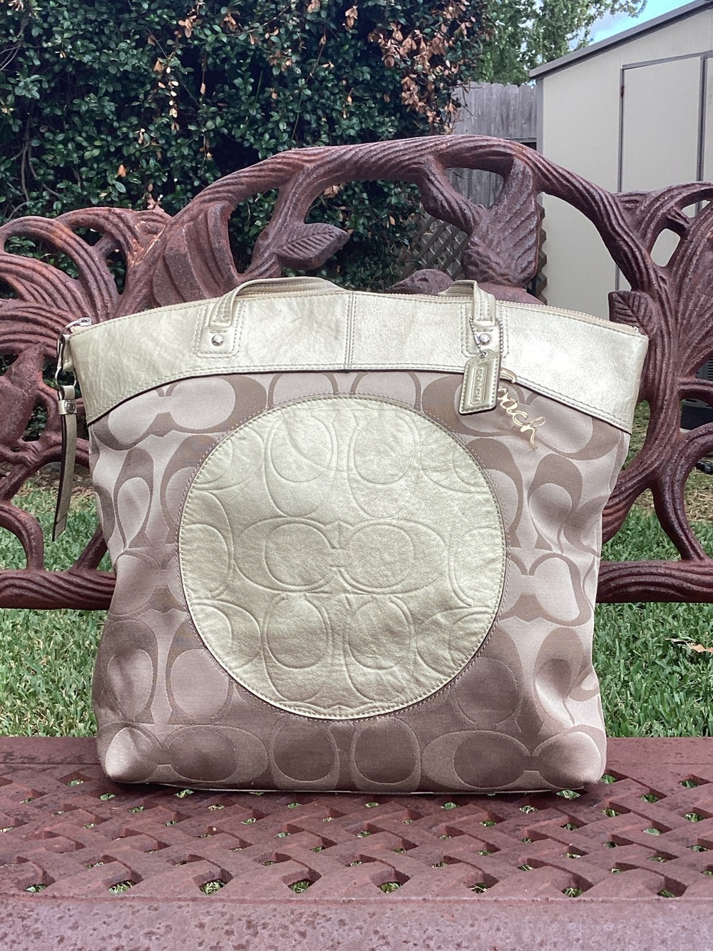 Coach Laura Light Khaki and Gold Large Tote Shoulder Bag